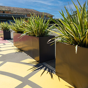 IOTA Australia Large Fiberglass Pots and Planters in School Parking Lot